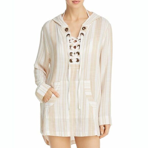 New! LSPACE Striped Front Lace-Up Hooded Coverup Tunic Top Pockets NWT - Picture 8 of 9